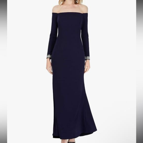 Vince Camuto Navy Blue Off-Shoulder Long Sleeve Gown Petite Silver Beaded Sleeve - Picture 1 of 12